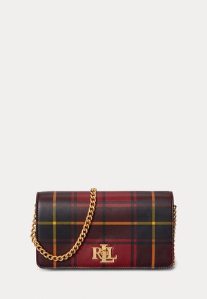 Kockás vörös, tengerészkék és sárga crossbody táska arany lánc vállpánttal és arany logó fémrészekkel. Sima anyagból készült, strukturált dizájn.