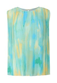 Blouse plissée sans manches avec col rond dans un motif abstrait aquarelle bleu pastel, vert et jaune.
