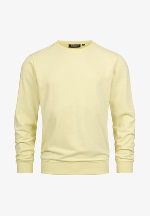 Felpa gialla in cotone, con collo rotondo, maniche lunghe, polsini a coste e un logo ricamato discreto sul petto.
