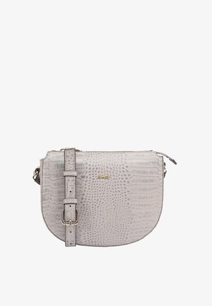 Krokodilprägung in hellgrau, diagonal tragbare Tasche mit strukturierter Form, verstellbarem Tragegurt, goldfarbenem Logoakzent und Reißverschluss.
