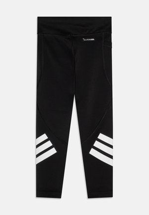 Schwarze Sportleggings aus dehnbarem Material mit einem breiten Bund und weißen drei Streifen-Akzenten an beiden Beinen. Climacool-Logo vorhanden.