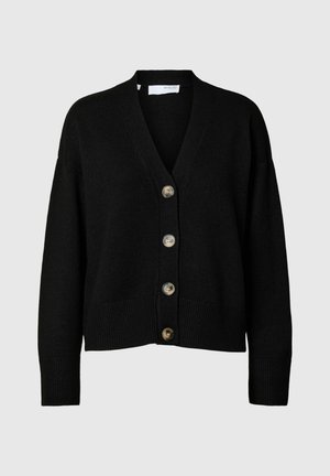 Cárdigan negro hecho de una tela suave, con escote en V, corte oversized, y cuatro botones grandes, además de un dobladillo y puños acanalados.