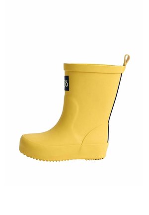 Gelbe Gummiregenstiefel mit glatter Oberfläche, runder Spitze, strukturiertem Sohle und einem kontrastierenden dunkelblauen Logo an der Seite.