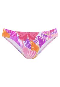 Krāsains bikini apakšdaļa ar tauriņu un ziedu rakstu rozā, purpursarkanā un oranžā krāsā uz gaiša fona. Izgatavota no elastīgas auduma ar sānu akcentiem.