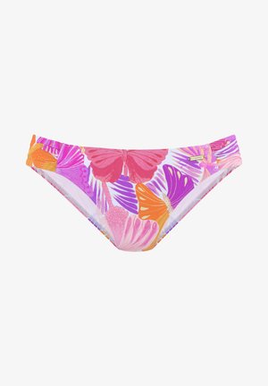 Värviline bikiinipõhi, kus on liblika ja lillemuster roosa, lilla ja oranži värviga heledal taustal. Valmistatud elastse kangaga, külgedel on dekoratiivsed aktsendid.