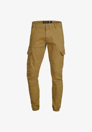 Braune, schlanke Cargo-Hose mit elastischen Bündchen, Klappentaschen an den Oberschenkeln, Vorderknöpfen und Gürtelschlaufen.