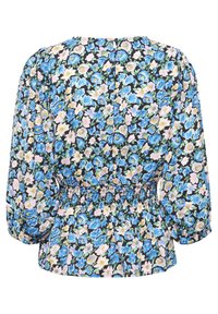 Vue de dos d'un chemisier à manches longues avec un motif floral bleu, blanc et rose et une taille élastique froncée.