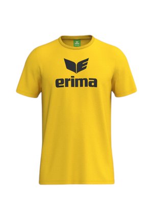 Gelbes T-Shirt mit kurzen Ärmeln, schwarzem Erima-Logo und Text zentriert auf der Brust vor weißem Hintergrund.