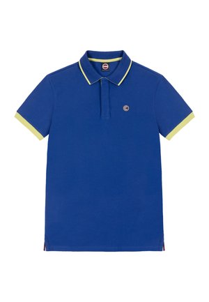 Blauw poloshirt met korte mouwen en gele bies op de kraag en mouwen, met een klein rond logo op de linkerborst.