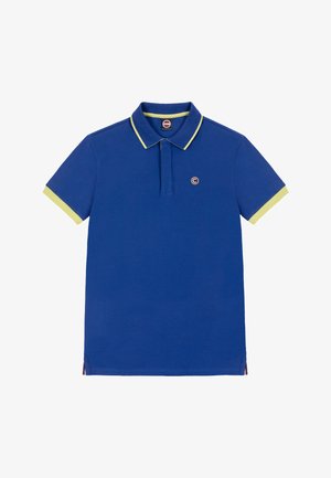 Blauw poloshirt met korte mouwen en gele bies op de kraag en mouwen, met een klein rond logo op de linkerborst.