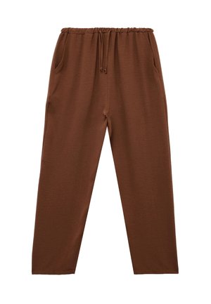 Brune, afslappede bukser med elastisk talje og snor. Har sidelommer, glat overflade og tapered ben.