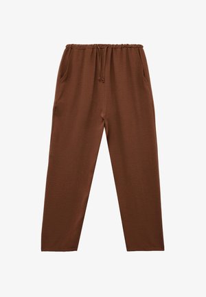 Bruine, relaxte broek met een elastische tailleband en trekkoord. Beschikt over zijzakken, een gladde textuur en tapse benen.