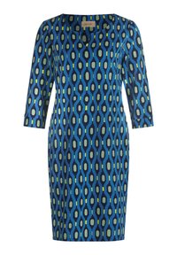 Knielanges Kleid aus blauem Stoff mit einem geometrischen Muster aus dunkelblauen, grünen und gelben Formen; verfügt über Dreiviertelärmel und einen runden Halsausschnitt.