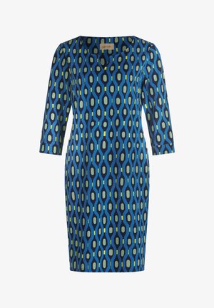 Sukienka do kolan z niebieskiej tkaniny z geometrycznym wzorem w odcieniach granatu, zieleni i żółci; posiada rękawy do łokcia i okrągły dekolt.