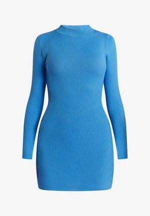 Dlhý rukáv, rebrované šaty v jasne modrej farbe, s vysokým výstrihom a priliehavým strihom, vyrobené z mäkkej, elastickej látky.