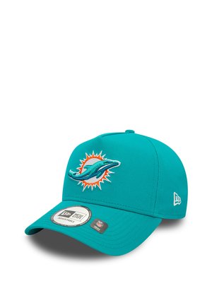 Teal baseball cap made of fabric, featuring an embroidered Miami Dolphins logo with orange accents on the front. Adjustable back strap.