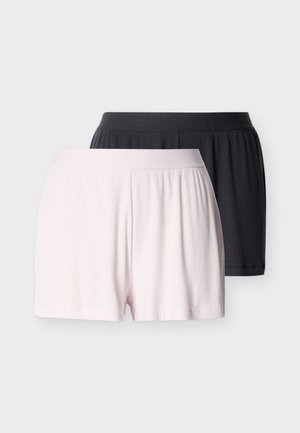 Deux paires de shorts courts côtelés : une rose clair, une gris foncé. Chacun avec une taille élastique. Tissu doux et texturé.
