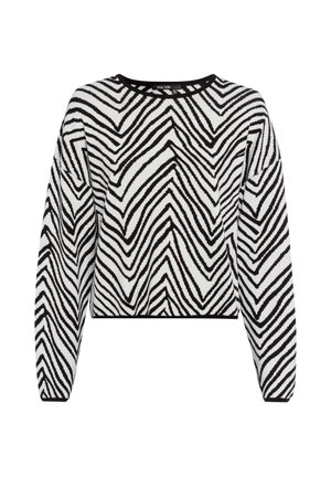 Schwarz-weiß gestreifter, kurz geschnittener Pullover mit langen Ärmeln und rundem Halsausschnitt, aus weichem Strickmaterial gefertigt.