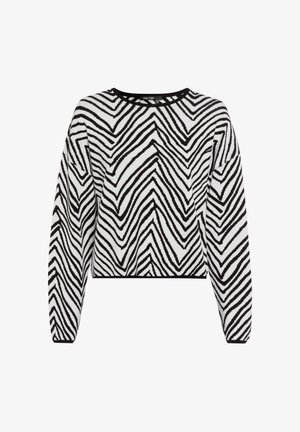 Schwarz-weiß gestreifter, kurz geschnittener Pullover mit langen Ärmeln und rundem Halsausschnitt, aus weichem Strickmaterial gefertigt.