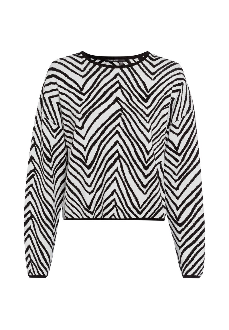 Schwarz-weiß gestreifter, kurz geschnittener Pullover mit langen Ärmeln und rundem Halsausschnitt, aus weichem Strickmaterial gefertigt.