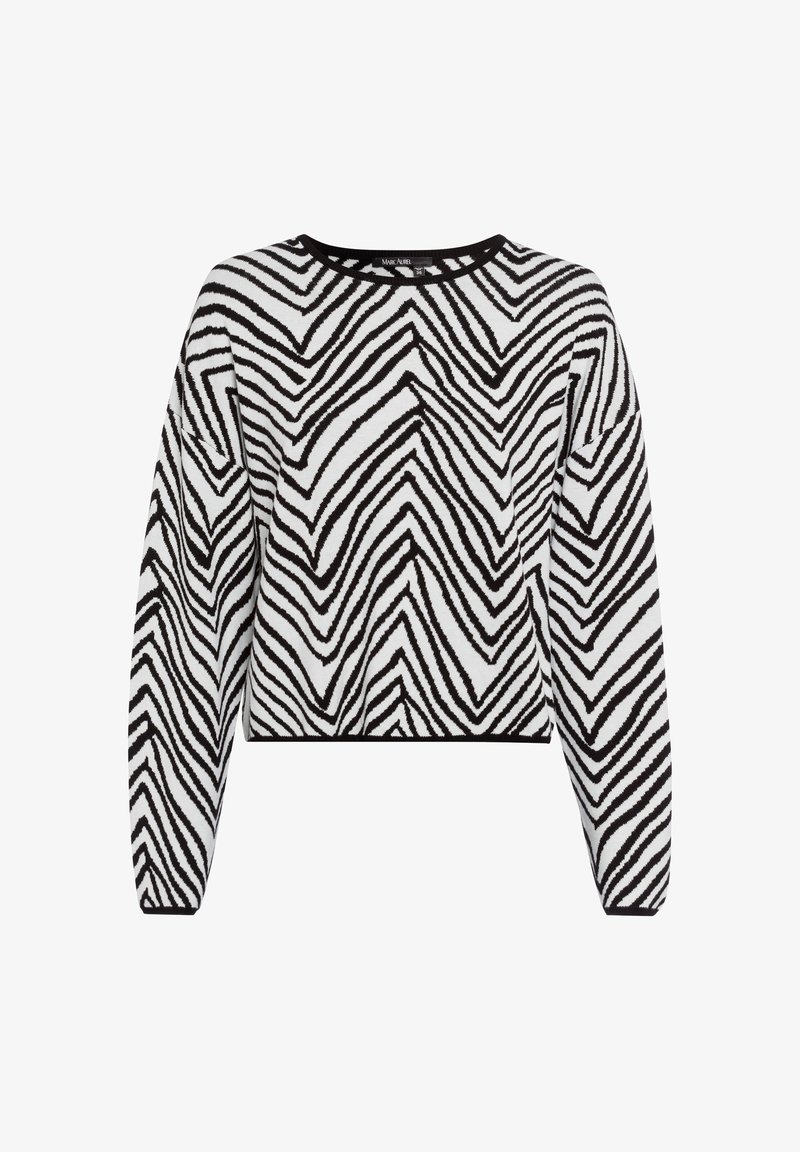 Schwarz-weiß gestreifter, kurz geschnittener Pullover mit langen Ärmeln und rundem Halsausschnitt, aus weichem Strickmaterial gefertigt.