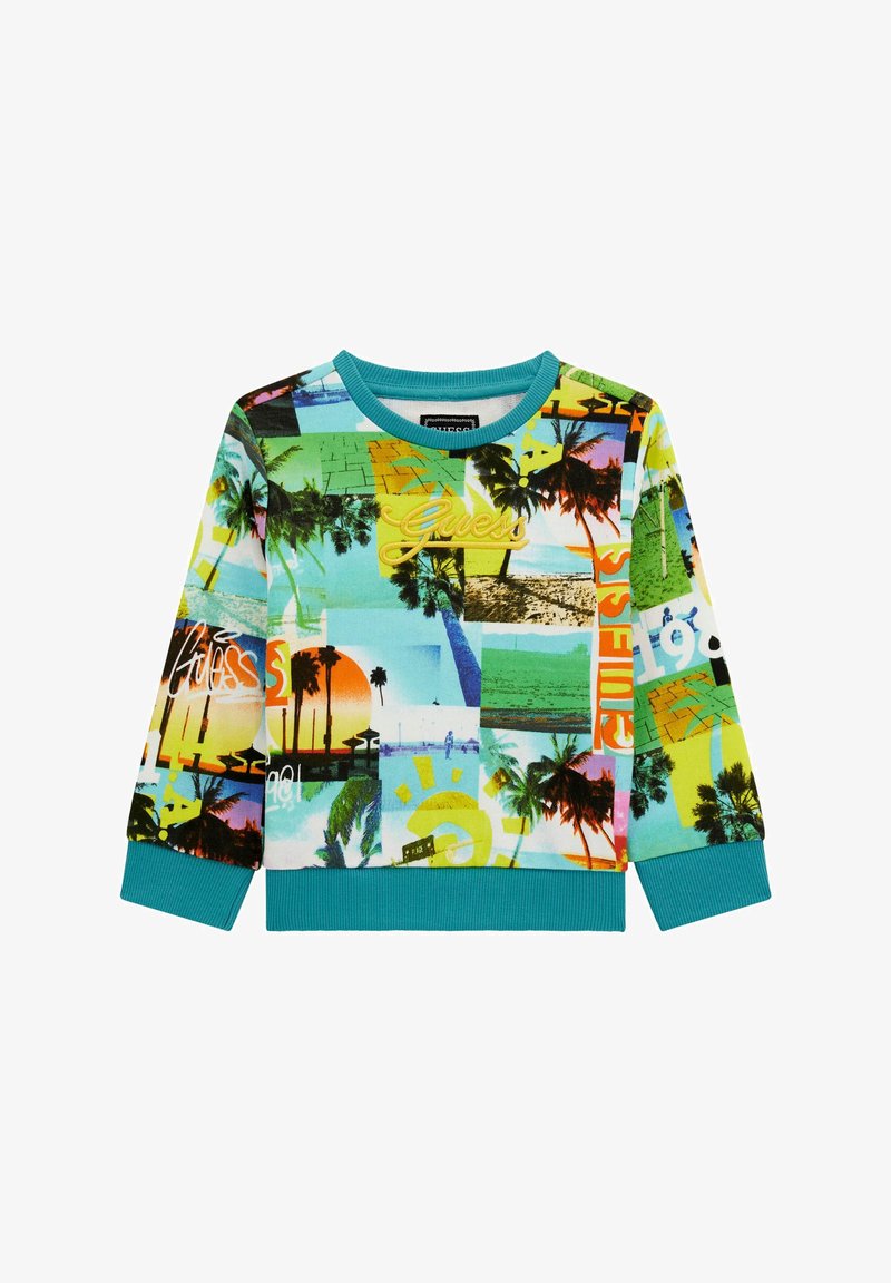 Colorful sweatshirt featuring a collage of tropical images and text, with a turquoise ribbed neckline and cuffs. Made from soft fabric.