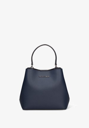 Donkerblauwe handtas met een gestructureerde vorm, gemaakt van getextureerd leer, voorzien van een handvat aan de bovenkant en een subtiel merkembleem aan de voorkant.