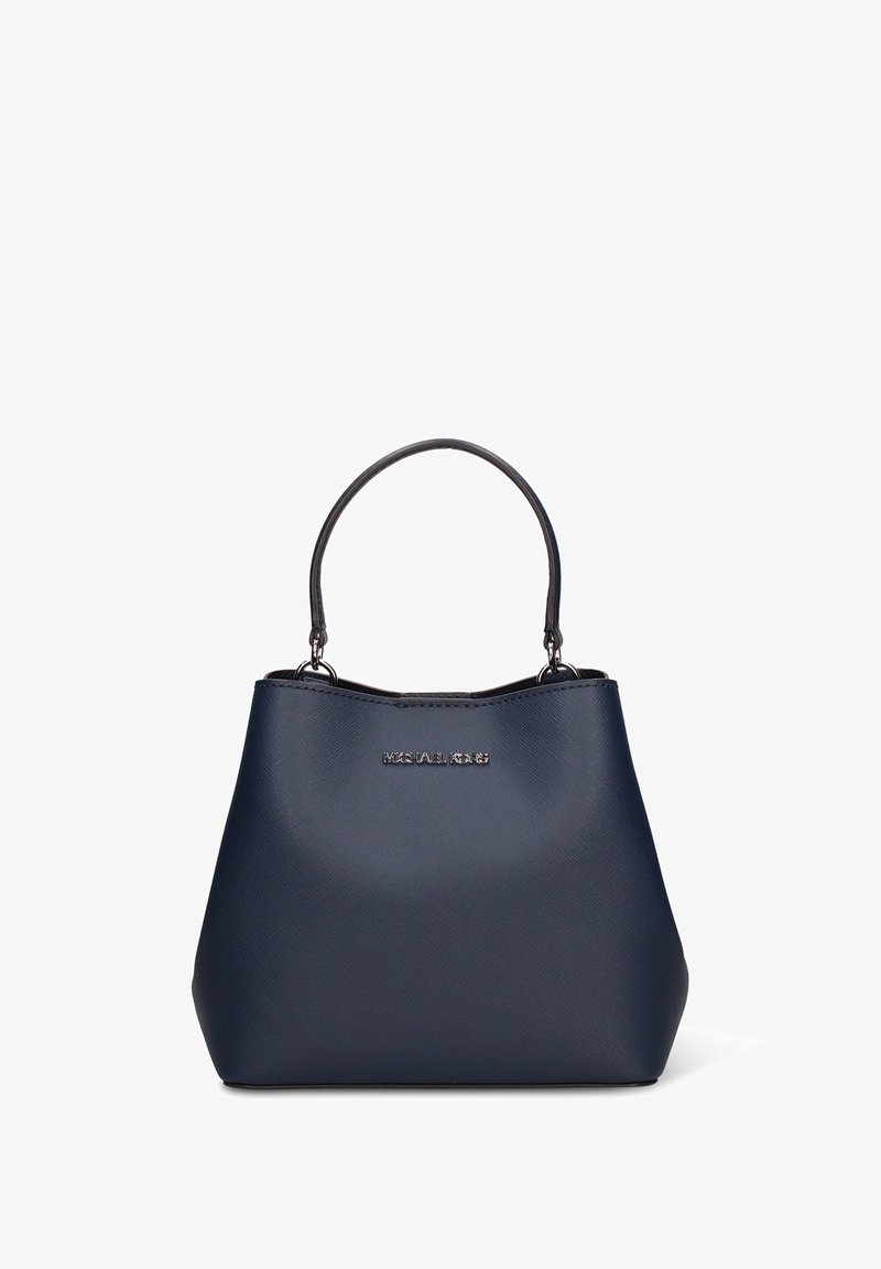 Donkerblauwe handtas met een gestructureerde vorm, gemaakt van getextureerd leer, voorzien van een handvat aan de bovenkant en een subtiel merkembleem aan de voorkant.
