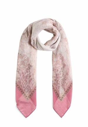 Leichter Schal mit floralem Spitzenmuster in zartem Rosa und Beige, mit einem einfarbigen rosa Rand und dekorativer Einfassung entlang des Saums.