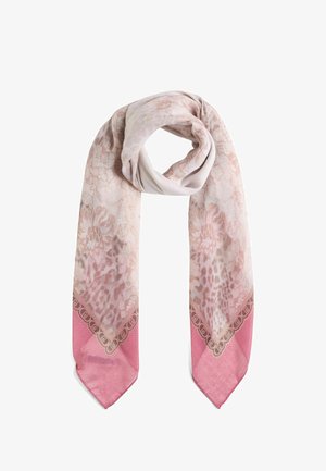 Écharpe légère avec un motif de dentelle florale en rose pâle et beige, présentant une bordure rose uni et un bord décoratif le long de l'ourlet.