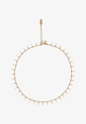 Gouden armband met ketting en kleine witte kraaltjes in de vorm van druppels, gelijkmatig verspreid, en een gouden sluiting met verstelbare lengte.