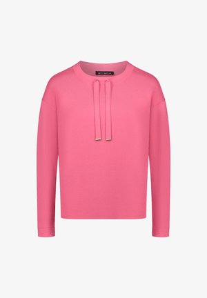 Różowy sweter z okrągłym dekoltem, długimi rękawami i dwoma sznurkami z przodu. Wykonany z gładkiego materiału o minimalistycznym designie.