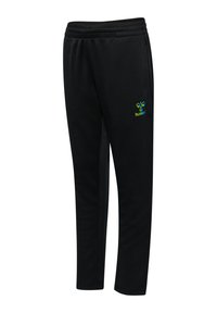 Czarne spodnie sportowe z elastycznym pasem, z zielono-niebieskim logo po lewej stronie. Gładki materiał o zwężanym kroju.