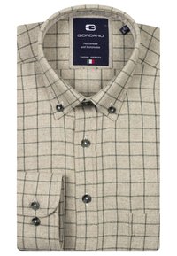 Beige kariertes Hemd aus strukturiertem Stoff, mit einem Button-Down-Kragen, dunklen Knöpfen und einem kontrastierenden grünen Karomuster.