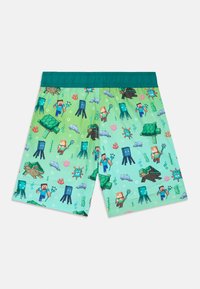 Πράσινα μαγιό βερμούδα με παιχνιδιάρικο σχέδιο χαρακτήρων Minecraft και υδάτινων στοιχείων, ελαστική μέση και ελαφρύ ύφασμα.