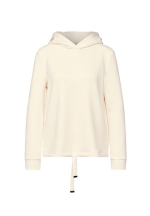 Crème-kleurige hoodie met lange mouwen en trekkoord aan de zoom, effen ontwerp en geribbelde manchetten, getoond op een witte achtergrond.