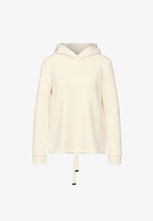 Crème-kleurige hoodie met lange mouwen en trekkoord aan de zoom, effen ontwerp en geribbelde manchetten, getoond op een witte achtergrond.