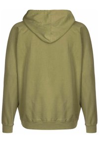 Felpa con cappuccio verde oliva, dal tessuto morbido, vestibilità ampia, maniche lunghe e polsini e orlo a coste. Nessun marchio o motivo visibile.