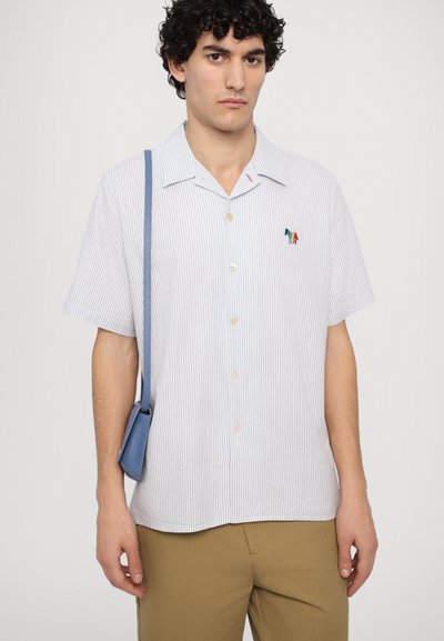 Short-sleeve, collared shirt with blue and white stripes. Soft fabric, adorned with a small multicolored embroidered design. Button front.