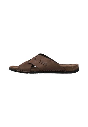 Sandalia marrón de cuero tipo slip-on con tiras cruzadas y suela negra, diseñada para uso casual.