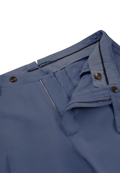 Blue fabric pants featuring a zip fly, button closure, and smooth texture. Interior lined with contrasting fabric; includes a waistband drawstring.