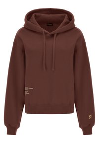 Sweatshirt à capuche marron avec une coupe décontract�ée, doté de cordons de serrage et d'un détail textuel de couleur plus claire sur le devant, ainsi qu'un accent doré sur la manche.
