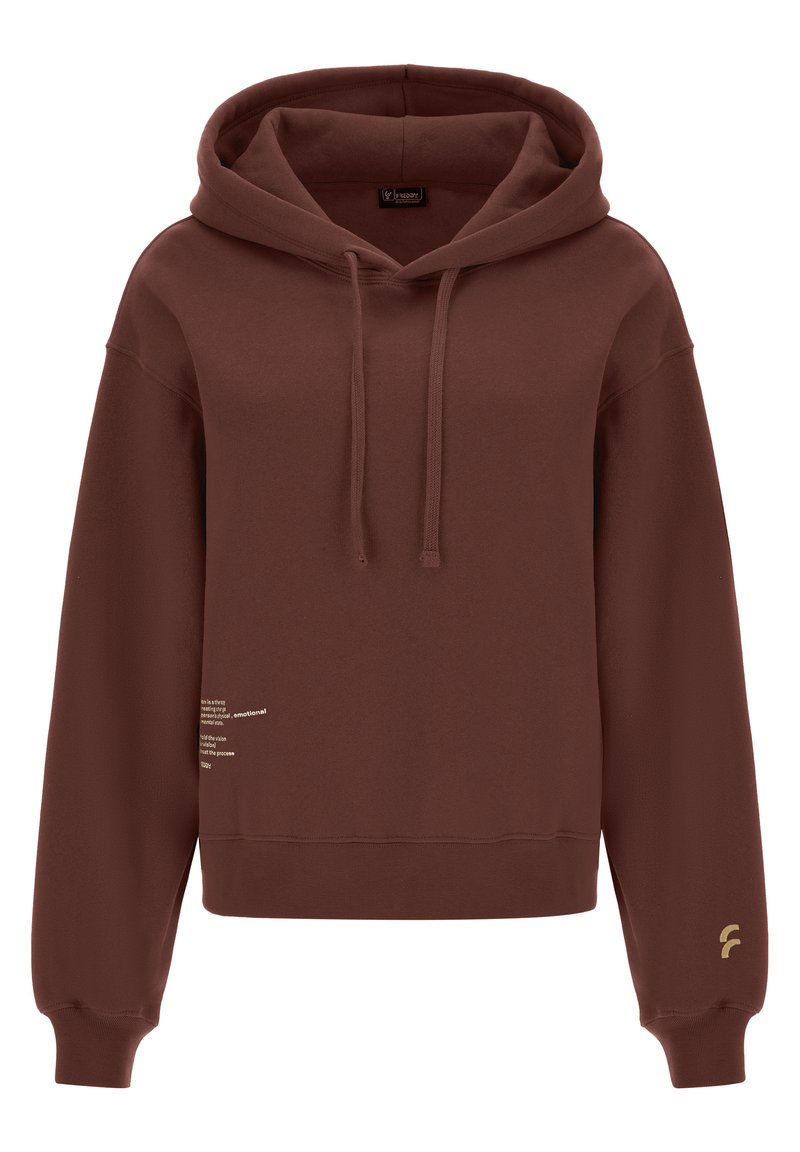 Sweatshirt à capuche marron avec une coupe décontractée, doté de cordons de serrage et d'un détail textuel de couleur plus claire sur le devant, ainsi qu'un accent doré sur la manche.