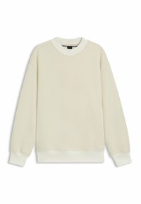 Felpa color crema in tessuto morbido, con colletto e polsini a costine, spalle scese e una vestibilità rilassata. Nessun motivo o accento visibile.