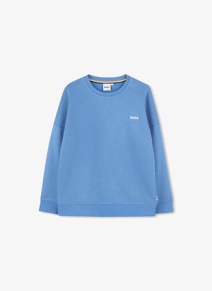 Felpa blu realizzata in tessuto testurizzato, caratterizzata da un collo rotondo, maniche lunghe e un piccolo logo bianco "BOSS" sul petto.
