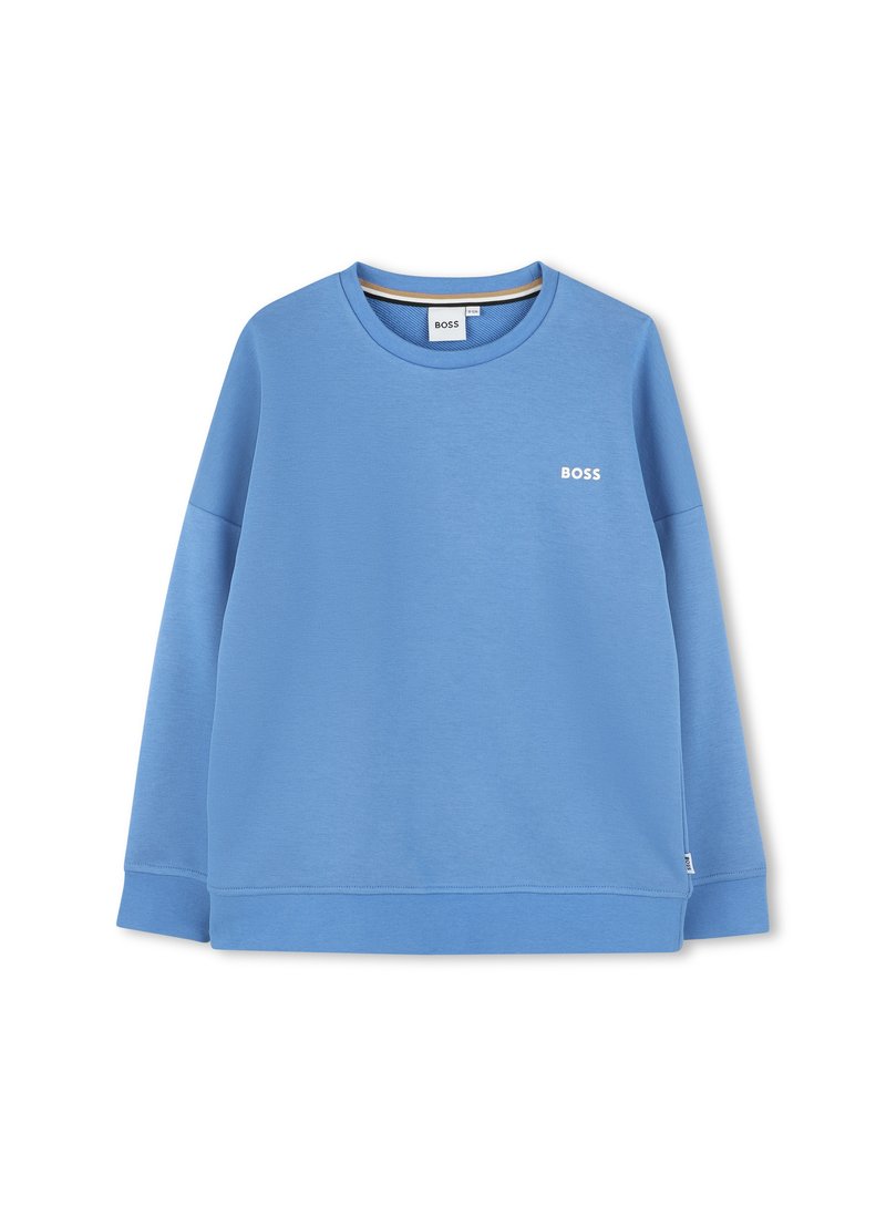 Felpa blu realizzata in tessuto testurizzato, caratterizzata da un collo rotondo, maniche lunghe e un piccolo logo bianco "BOSS" sul petto.