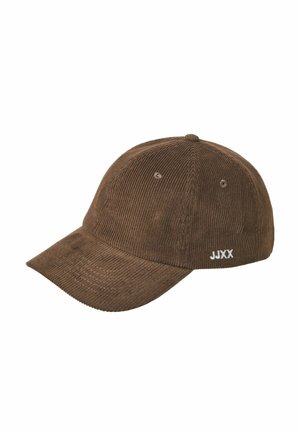 Gorra de béisbol marrón de pana con visera curva y pequeño bordado blanco "JJXX" en el panel lateral.