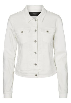 Veste en denim blanche avec un col, fermeture à boutons sur le devant, deux poches poitrine et manches longues. Présente des boutons en métal argenté et une coupe ajustée.