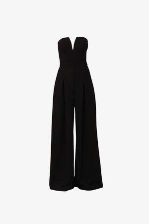 Must musta rihmadeta jumpsuit laiade säärte ja V-kujuline dekolteega.