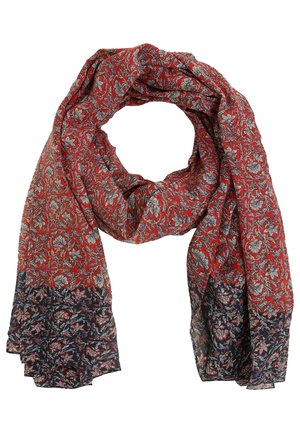 Lekki czerwono-czarny szalik z kwiatowymi i liściastymi wzorami, luźno ułożony w pętlę z dwoma zwisającymi końcami.